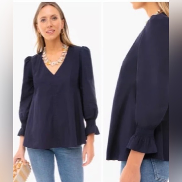 Tuckernuck Pomander Place Easton Blouse Navy Puff Sleeve V-Neck Peplum - Picture 1 of 14